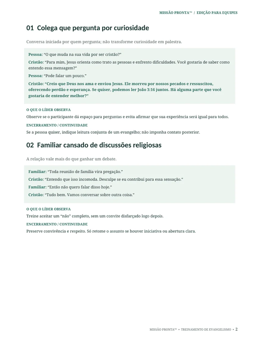 Página real do material com roteiros de conversas do Missão Pronta